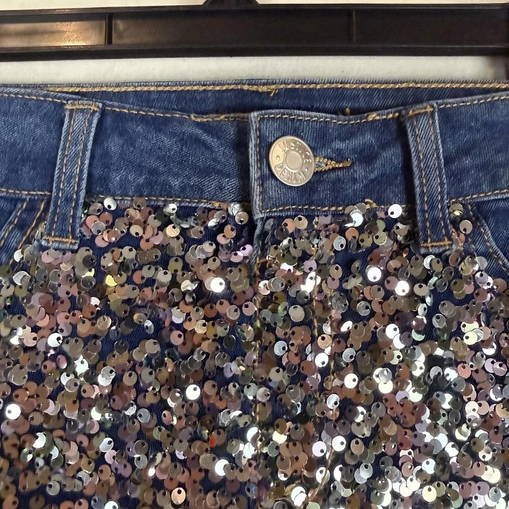 Justice Shorts Girls 14 Blue High Rise Midi Sequin Denim Cutoff Frayed Hem